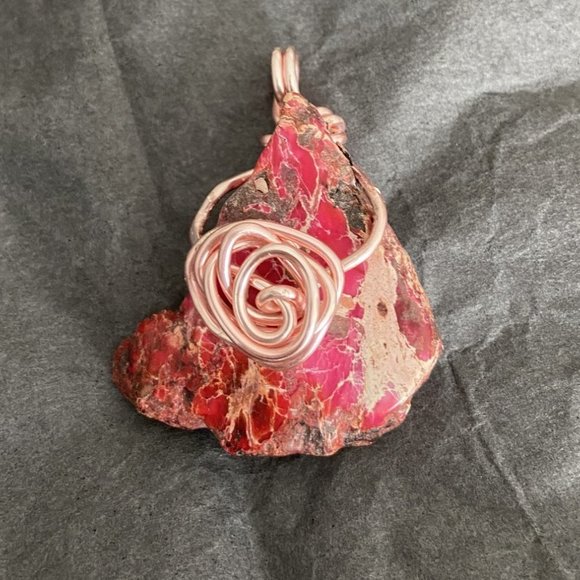 Pink Jasper Chunk Rosegold Wire Wrapped Pendant Handcrafted - Picture 4 of 10